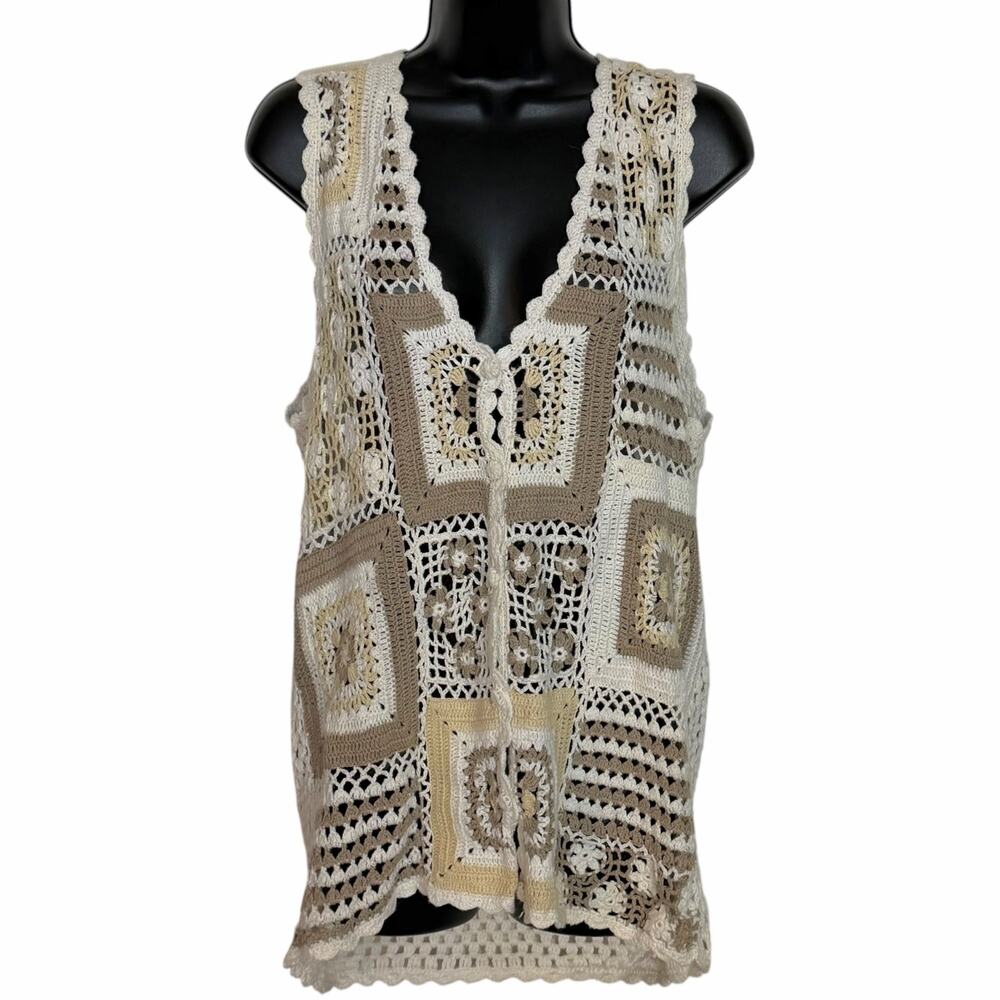 VTG 90s De Rotchild Crochet Vest S Silk Cotton Granny Square Boho Cottagecore